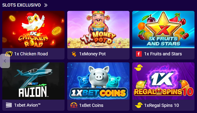 Slots Exclusivo section showing exclusive casino slots: 1x Chicken Road, 1xMoney Pot, 1x Fruits and Stars, 1xBet Aviator (1xBet Aviõn), 1xBet Coins, 1xRegal Spins 10
