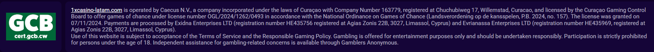 1xCasino footer with GCB cert.gcb.cw badge and full legal disclaimer: operated by Caecus N.V., Curaçao, Company Number 163779, Chuchubiweg 17 Willemstad, licence OGL/2024/1262/0493, payments by Exidna Enterprises LTD and Evrianassa Enterprises LTD, responsible gaming notice, 18+ restriction