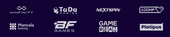 Game provider logos strip on dark purple background: Winfinity, TaDa Gaming, Nextspin, 100HP, Mancala Gaming, BF Games, GameBeat, Platipus