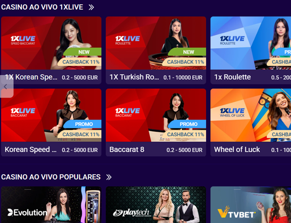 1xCasino 1xLive and Casino ao Vivo Populares combined view showing 1XLIVE tables with Cashback 11%: 1X Korean Speed, 1X Turkish Ro., 1x Roulette, Korean Speed, Baccarat 8, Wheel of Luck — plus Popular live tables from Evolution and Playtech below