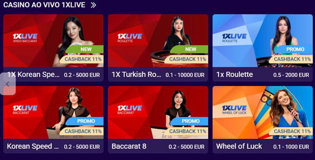 1xCasino live casino 1xLive section showing exclusive 1XLIVE branded tables with Cashback 11% promotions: 1X Korean Speed (0.2–5000 EUR), 1X Turkish Ro. (0.1–10000 EUR), 1x Roulette (0.2–5000 EUR), Korean Speed (0.2–5000 EUR), Baccarat 8 (0.2–5000 EUR), Wheel of Luck (0.1–1000 EUR)