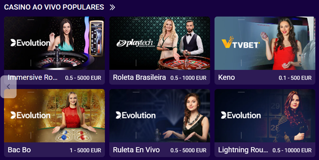 Casino ao Vivo Populares section showing popular live tables: Immersive Roulette (Evolution, 0.2–5000 EUR), Roleta Brasileira (Playtech, 0.5–1000 EUR), Keno (TVBet, 0.1–500 EUR), Bac Bo (Evolution, 1–5000 EUR), Ruleta En Vivo (Evolution, 0.5–500 EUR), Lightning Roulette (Evolution, 0.5–10000 EUR)
