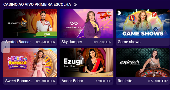 Casino ao Vivo Primeira Escolha section showing top live dealer picks: Seotda Baccarat (Pragmatic, 0.2–5000 EUR), Sky Jumper (Winfinity, 0.1–100 EUR), Game Shows, Sweet Bonanza CandyLand (0.2–3000 EUR), Andar Bahar (Ezugi, 1–2000 USD), Roulette (Playtech, 0.5–1000 EUR)