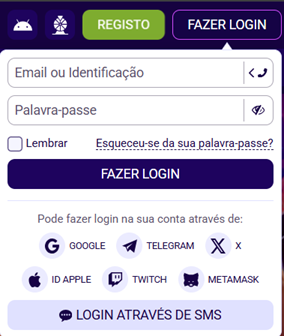 1xCasino mobile login form with REGISTO and FAZER LOGIN tabs, Email ou Identificação field, Palavra-passe field, Lembrar checkbox, Esqueceu-se da sua palavra-passe link, FAZER LOGIN button, and social login options: Google, Telegram, X, ID Apple, Twitch, MetaMask, Login Através de SMS