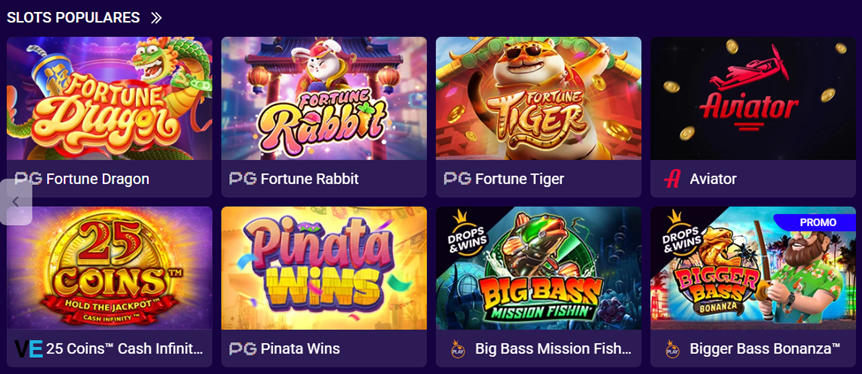 Slots Populares section showing game thumbnails: Fortune Dragon, Fortune Rabbit, Fortune Tiger, Aviator, 25 Coins Cash Infini, Pinat Wins, Big Bass Mission Fish, Bigger Bass Bonanza