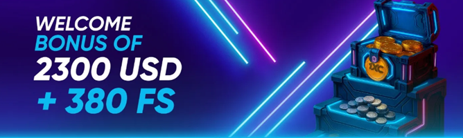 1xCasino welcome bonus banner offering 2300 USD plus 380 Free Spins on dark neon background with casino chip and slot machine graphics